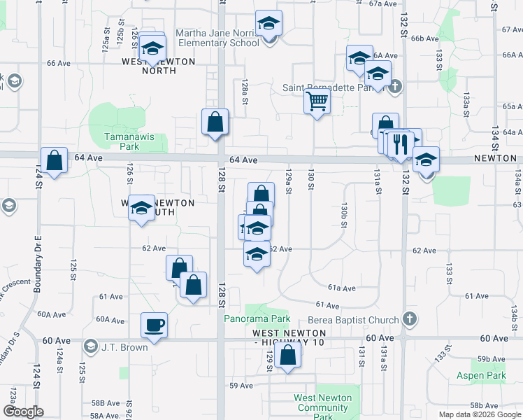 map of restaurants, bars, coffee shops, grocery stores, and more near 6293 129 Street in Surrey