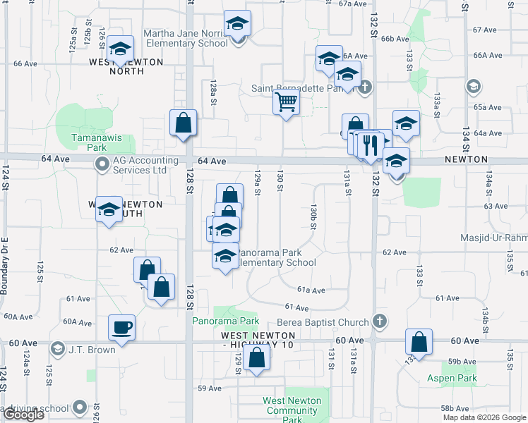 map of restaurants, bars, coffee shops, grocery stores, and more near 6290 129A Street in Surrey