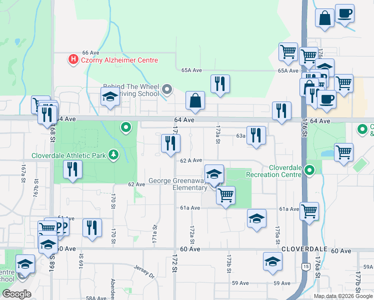 map of restaurants, bars, coffee shops, grocery stores, and more near 6297 172A Street in Surrey