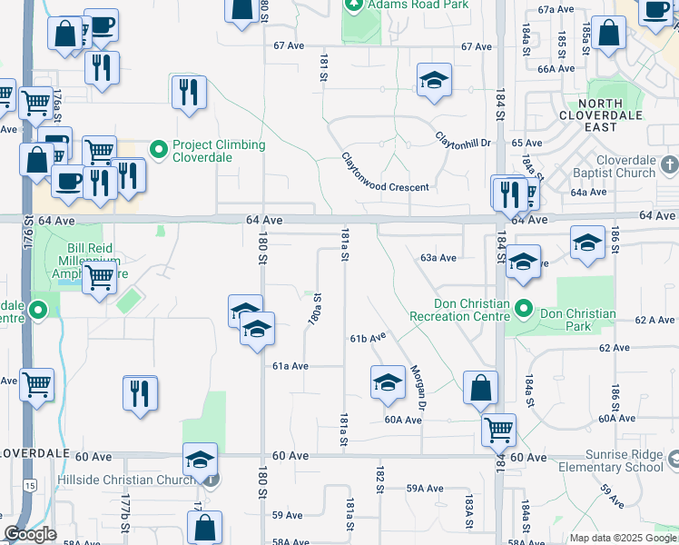 map of restaurants, bars, coffee shops, grocery stores, and more near in Surrey