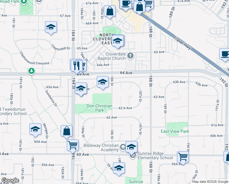 map of restaurants, bars, coffee shops, grocery stores, and more near 6312 186 Street in Surrey