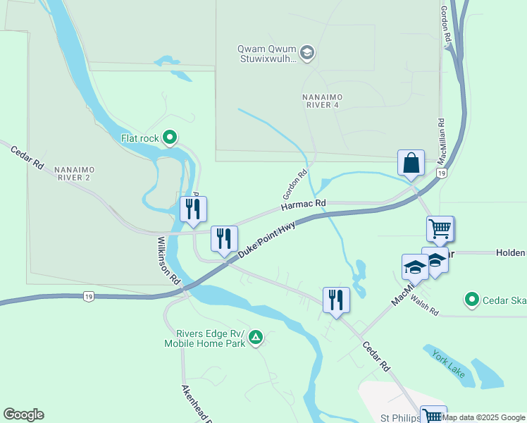 map of restaurants, bars, coffee shops, grocery stores, and more near 1800 Harmac Road in Nanaimo