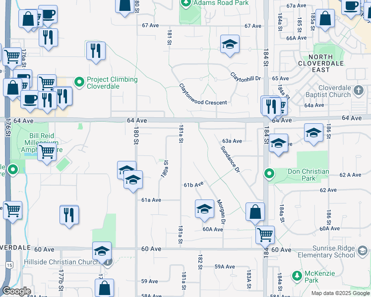 map of restaurants, bars, coffee shops, grocery stores, and more near 6302 181A Street in Surrey