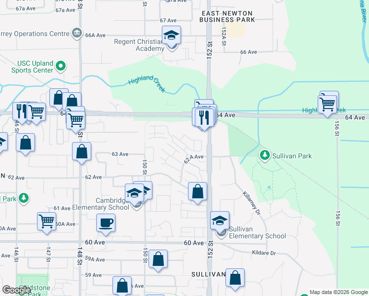 map of restaurants, bars, coffee shops, grocery stores, and more near 15175 62 A Avenue in Surrey