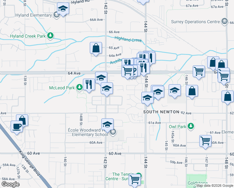 map of restaurants, bars, coffee shops, grocery stores, and more near 14255 62B Avenue in Surrey