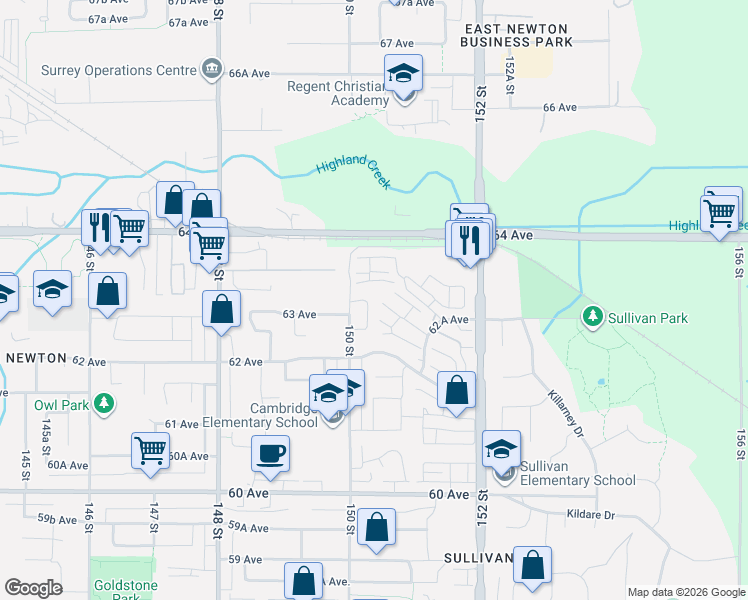 map of restaurants, bars, coffee shops, grocery stores, and more near 6342 150A Street in Surrey