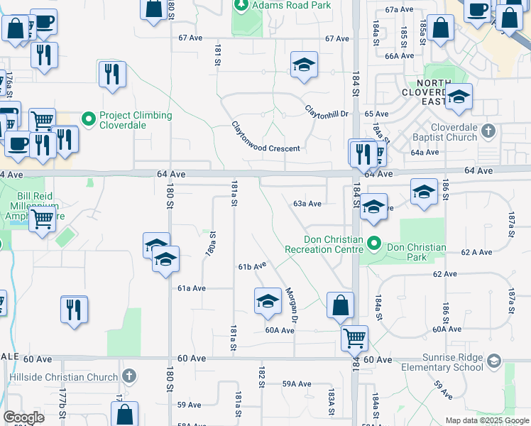 map of restaurants, bars, coffee shops, grocery stores, and more near 18190 64 Avenue in Surrey
