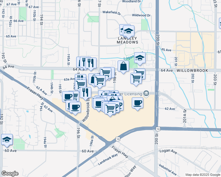 map of restaurants, bars, coffee shops, grocery stores, and more near in Langley
