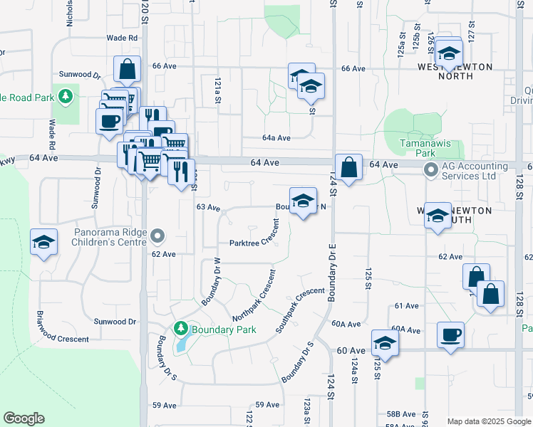 map of restaurants, bars, coffee shops, grocery stores, and more near 12282 Boundary Drive North in Surrey