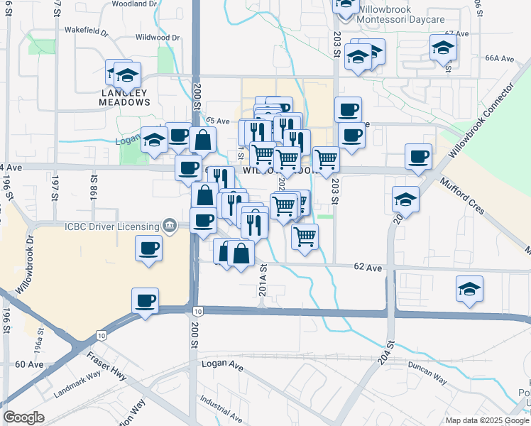 map of restaurants, bars, coffee shops, grocery stores, and more near 6375 202 Street in Langley