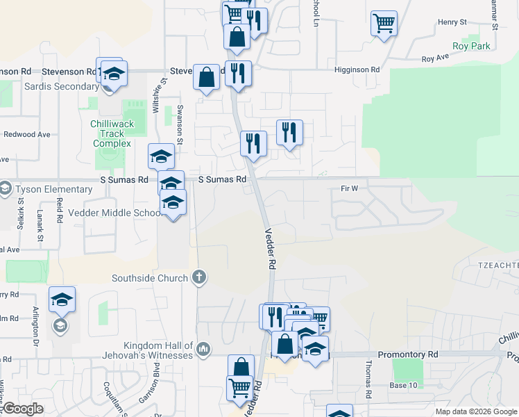 map of restaurants, bars, coffee shops, grocery stores, and more near 6347 Vedder Road in Chilliwack
