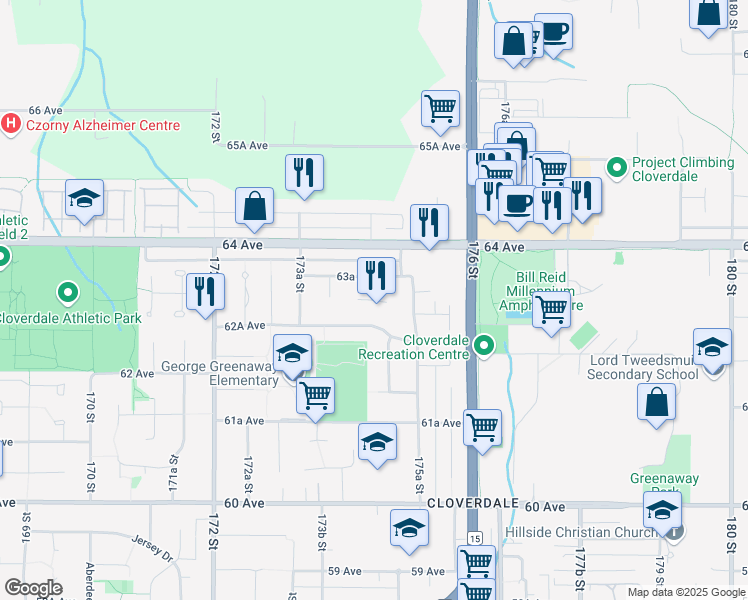 map of restaurants, bars, coffee shops, grocery stores, and more near Sorrel Place in Surrey