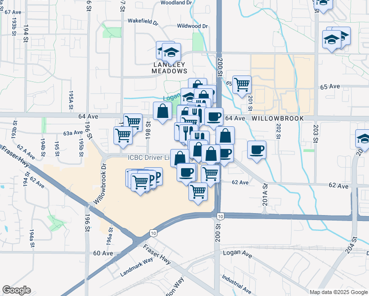 map of restaurants, bars, coffee shops, grocery stores, and more near 19925 Willowbrook Drive in Langley