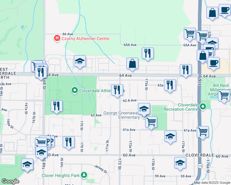 map of restaurants, bars, coffee shops, grocery stores, and more near 17184 63 Avenue in Surrey