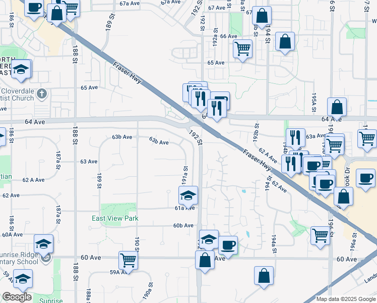 map of restaurants, bars, coffee shops, grocery stores, and more near 6324 191A Street in Surrey