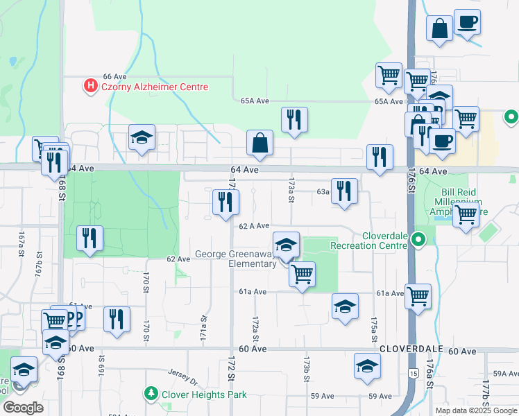 map of restaurants, bars, coffee shops, grocery stores, and more near 6306 172A Street in Surrey