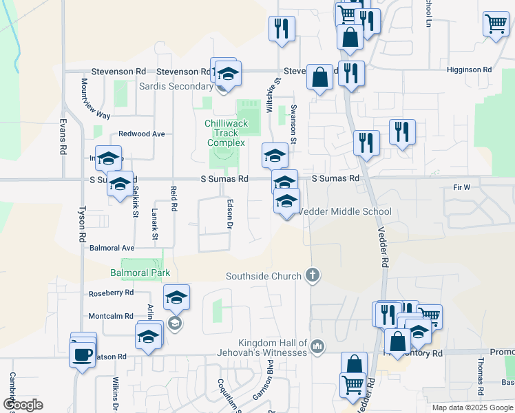 map of restaurants, bars, coffee shops, grocery stores, and more near 45500 Concord Avenue in Chilliwack