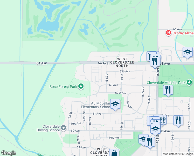 map of restaurants, bars, coffee shops, grocery stores, and more near 16488 64 Avenue in Surrey