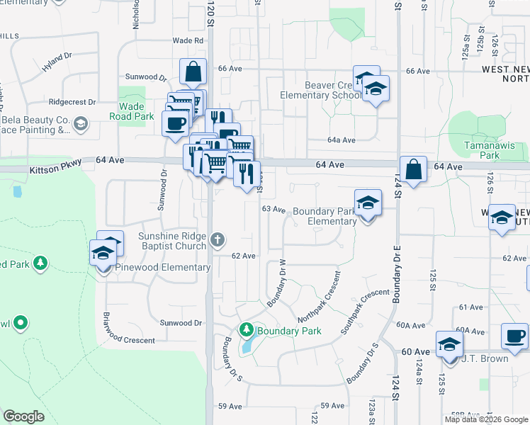 map of restaurants, bars, coffee shops, grocery stores, and more near 37 Forest Ridge in Surrey