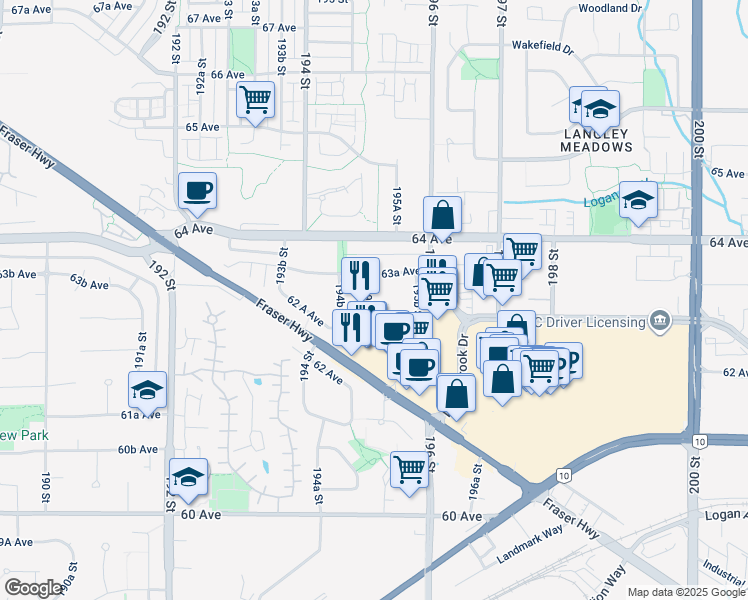 map of restaurants, bars, coffee shops, grocery stores, and more near 6306 195 Street in Surrey