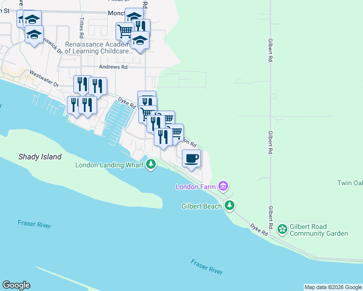 map of restaurants, bars, coffee shops, grocery stores, and more near 13160 Princess Street in Richmond