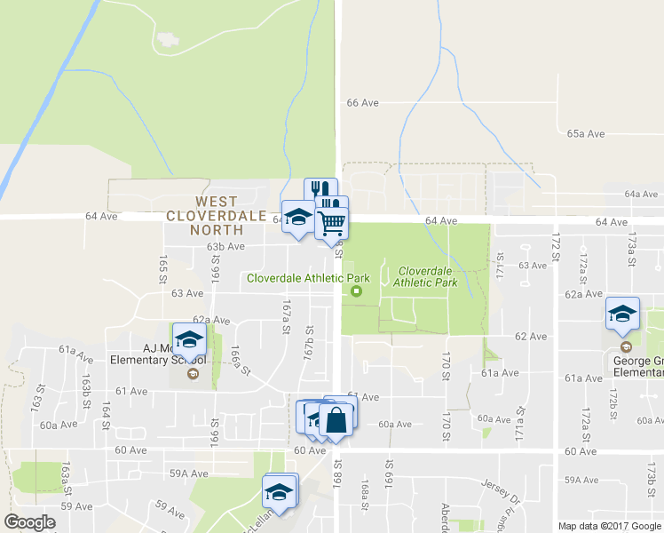 map of restaurants, bars, coffee shops, grocery stores, and more near 6339 168 Street in Surrey