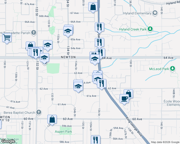 map of restaurants, bars, coffee shops, grocery stores, and more near 6304 135A Street in Surrey