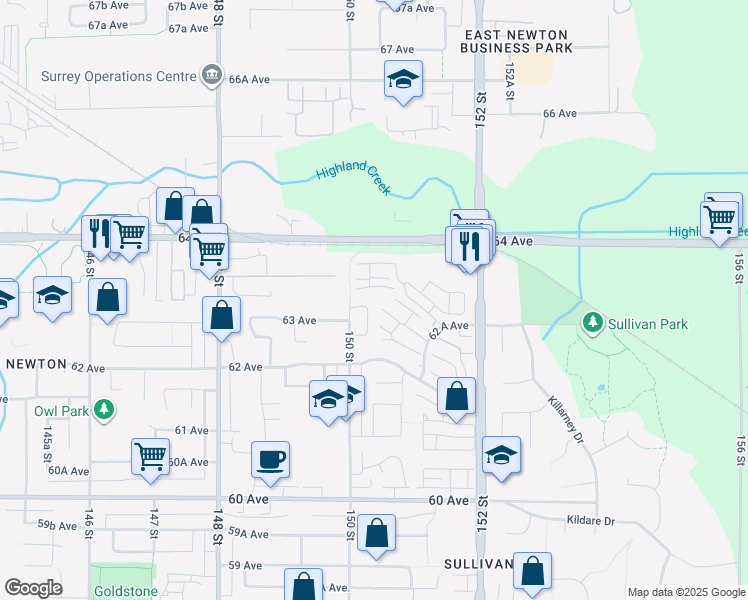 map of restaurants, bars, coffee shops, grocery stores, and more near 6354 150A Street in Surrey