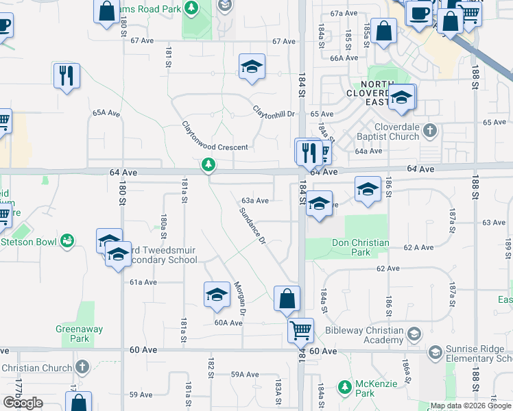 map of restaurants, bars, coffee shops, grocery stores, and more near in Surrey