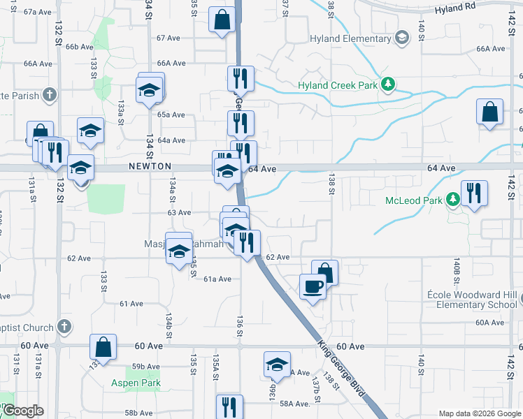map of restaurants, bars, coffee shops, grocery stores, and more near 6328 King George Boulevard in Surrey