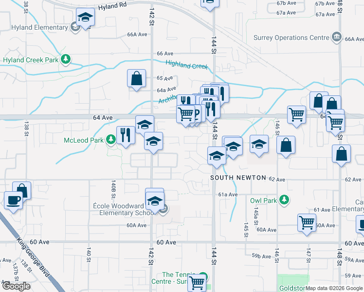 map of restaurants, bars, coffee shops, grocery stores, and more near 6350 142 Street in Surrey