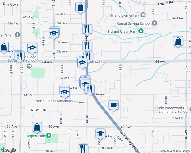 map of restaurants, bars, coffee shops, grocery stores, and more near 6328 King George Boulevard in Surrey