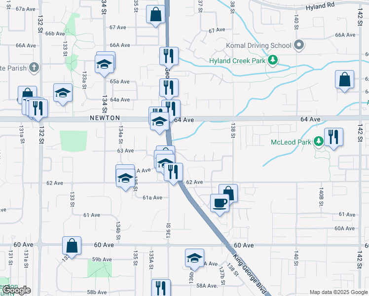 map of restaurants, bars, coffee shops, grocery stores, and more near 6280 King George Boulevard in Surrey