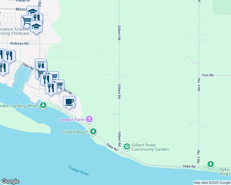 map of restaurants, bars, coffee shops, grocery stores, and more near 13251 Gilbert Road in Richmond