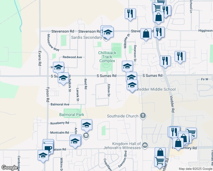 map of restaurants, bars, coffee shops, grocery stores, and more near 6345 Edson Drive in Chilliwack