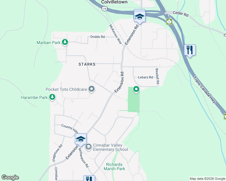 map of restaurants, bars, coffee shops, grocery stores, and more near 1633 Extension Road in Nanaimo