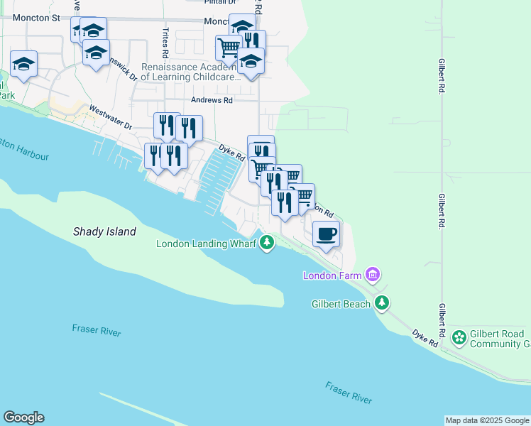 map of restaurants, bars, coffee shops, grocery stores, and more near 6160 London Road in Richmond