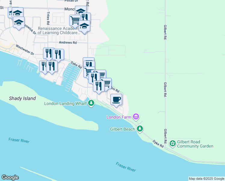 map of restaurants, bars, coffee shops, grocery stores, and more near 6300 London Road in Richmond