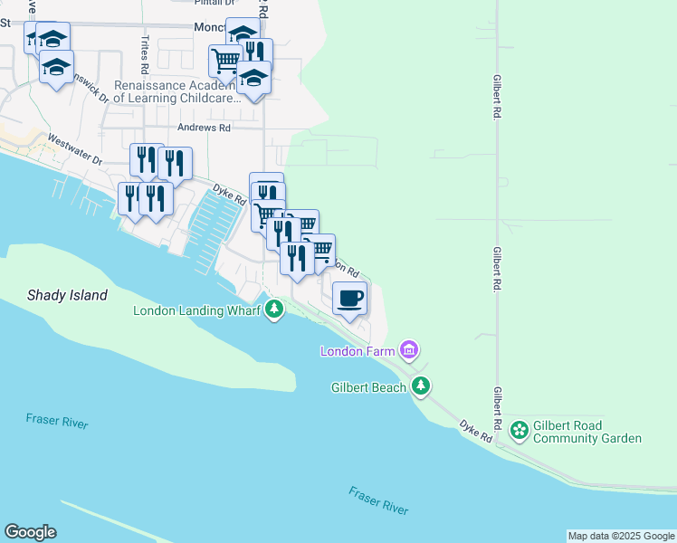 map of restaurants, bars, coffee shops, grocery stores, and more near 6300 London Road in Richmond