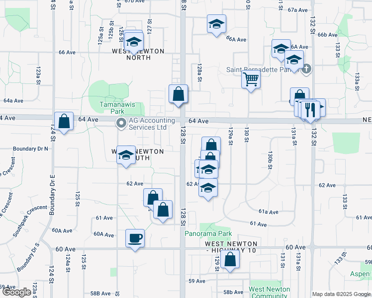 map of restaurants, bars, coffee shops, grocery stores, and more near 6312 128 Street in Surrey