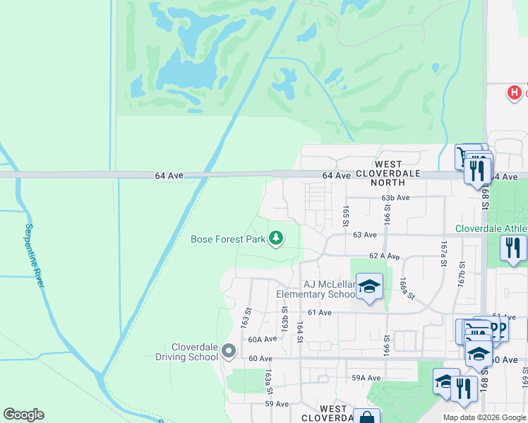 map of restaurants, bars, coffee shops, grocery stores, and more near 16380 64 Avenue in Surrey