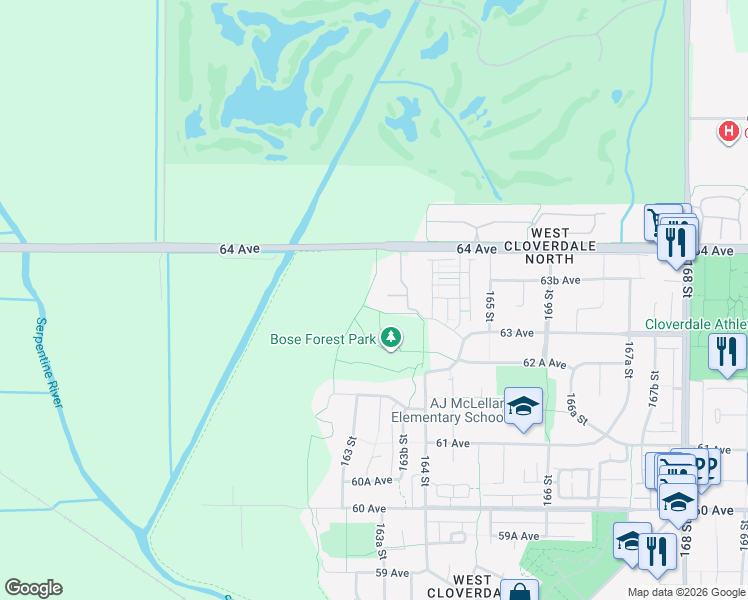 map of restaurants, bars, coffee shops, grocery stores, and more near 16380 64 Avenue in Surrey