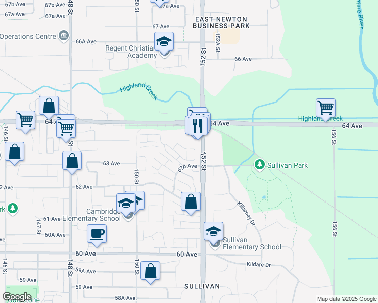 map of restaurants, bars, coffee shops, grocery stores, and more near 46 62A Avenue in Surrey
