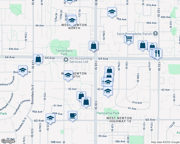 map of restaurants, bars, coffee shops, grocery stores, and more near 12775 63 Avenue in Surrey