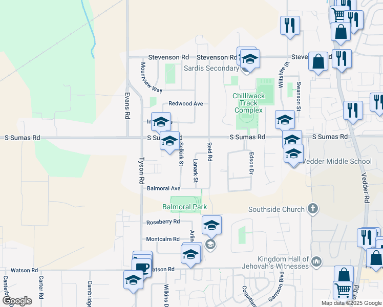 map of restaurants, bars, coffee shops, grocery stores, and more near 6349 Lanark Street in Chilliwack