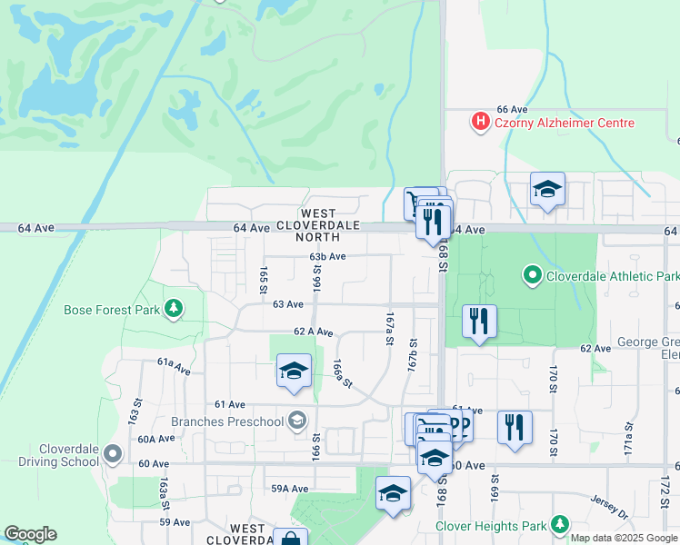 map of restaurants, bars, coffee shops, grocery stores, and more near in Surrey