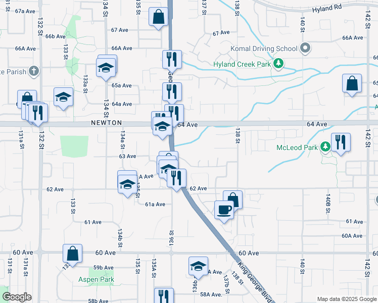 map of restaurants, bars, coffee shops, grocery stores, and more near 6280 King George Boulevard in Surrey