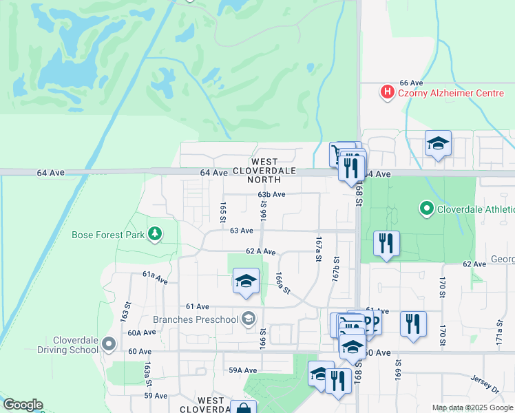 map of restaurants, bars, coffee shops, grocery stores, and more near 6353 166 Street in Surrey