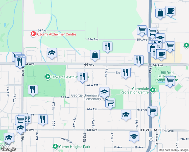 map of restaurants, bars, coffee shops, grocery stores, and more near 6324 172A Street in Surrey