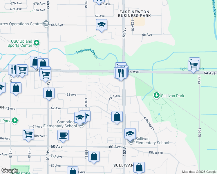 map of restaurants, bars, coffee shops, grocery stores, and more near 9 62A Avenue in Surrey